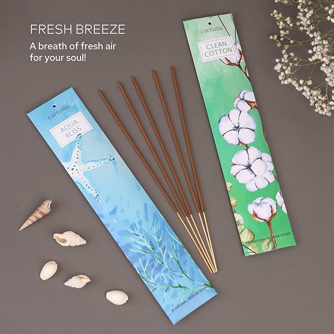 Carnatia Fresh Breeze Incense Sticks – Set of 2 Fresh, Long-Lasting Aromas for Your Home | Unwind with Clean Cotton & Aqua Bliss Scents | Natural, Sustainable Incense for Everyday Calm! - Bloomnest