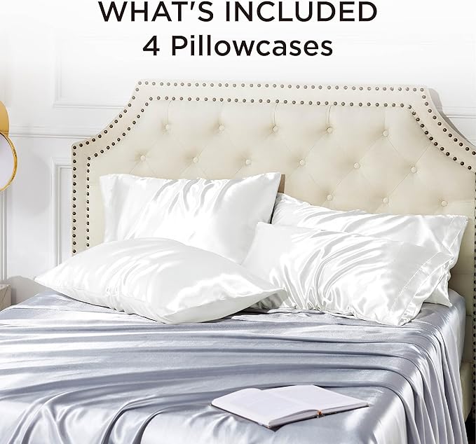 Bedsure Satin Pillowcase Standard Set of 4 - Pure White Silky Pillow Cases for Hair and Skin 20x26 Inches, Pillow Covers with Envelope Closure, Gifts for Women Men - Bloomnest