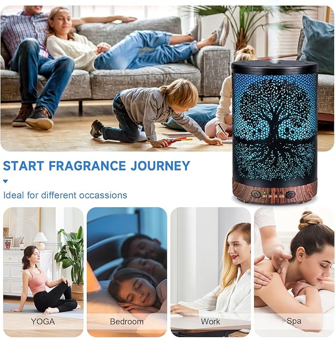 Essential Oil Diffuser 120ML Metal Aromatherapy Diffuser with Timer, Cool Mist Humidifier with Auto Shut-Off & 7 Color Lights for Home Office Spa (Life Tree) - Bloomnest