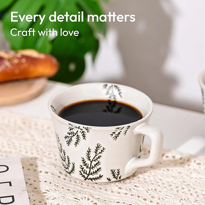 Ceramic Coffee Mug, 12 oz Novelty Unique Teacup with Handle, Stoneware Cup for Tea Mocha Latte Cappuccino Espresso (Set of 4, Butterfly Grass Ivy and Leaf) - Bloomnest