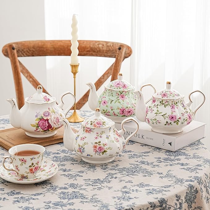 Flower Ceramic Teapot,22oz Porcelain Tea pot for Tea Coffee Milk for Office Home Men Women as Gift(White and small flowers) - Bloomnest