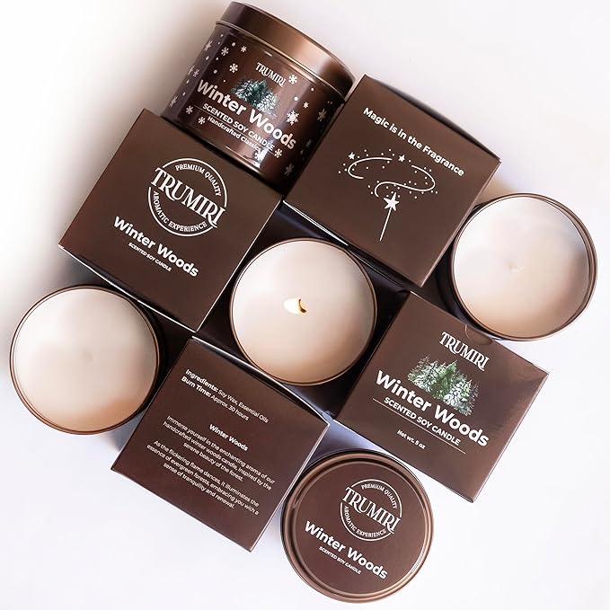 Winter Woods - Soy Candles for Home Scented - for Fall Christmas Holidays - 5oz Natural Clean Non Toxic - Long Lasting Highly Scented Pet Safe Luxury Tin - Velas Aromáticas Para el Hogar - Pine Candel TRUMIRI