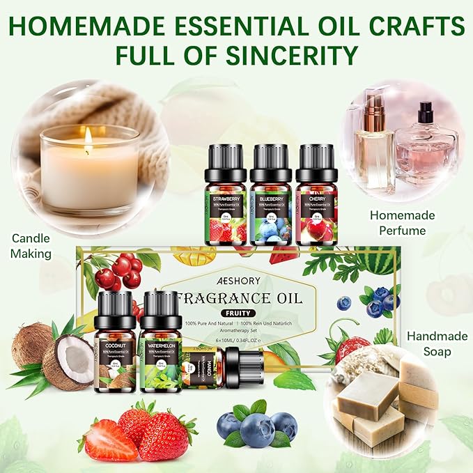 Fruity Essential Oils Set - 6x10ML Fruit Fragrance Oil for Diffuser, Aromatherapy, Candle Making - Strawberry, Cherry, Blueberry, Mango, Coconut, Watermelon Scented Oil - Bloomnest
