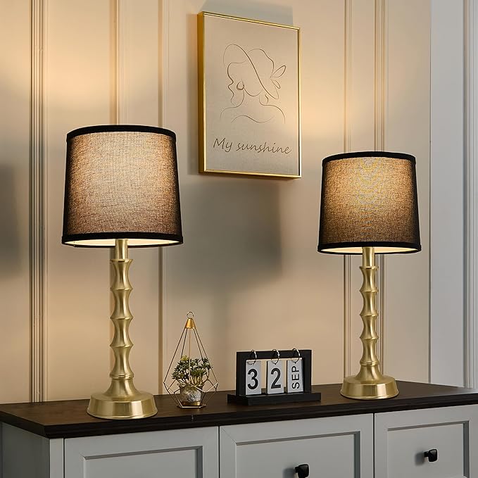 Set of 2 Gold Table Lamps, 24" Electroplated Gold Bamboo Base with White Linen Shade, Modern Nightstand Lamps for Bedroom, Living Room, Guest Room Decor - Bloomnest