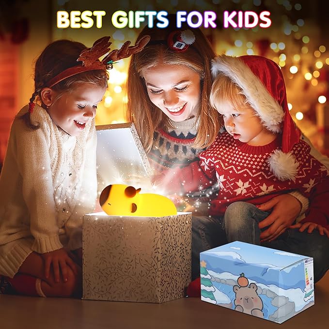 Night Light for Kids, 7 Color Changing BPA-Free Silicone Lamp with Touch Control, Eye Protection, Rechargeable Battery, Soft & Safe Nursery Lamp for Boys & Girls (Sleeping Capybara) - Bloomnest
