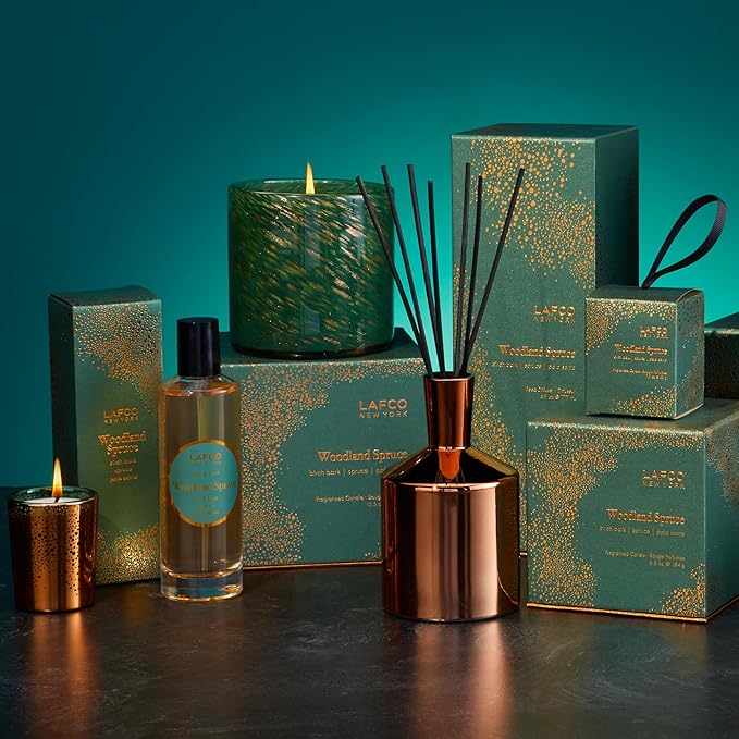 LAFCO New York Holiday Reed Diffuser, Woodland Spruce - 6 oz - Up to 3 Months Fragrance Life - Reusable Glass Vessel - Natural Wood Reeds - Made in The USA - Bloomnest