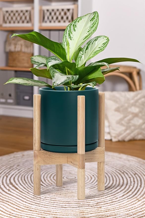 D'vine Dev Ceramic Planter with Natural Stand - 8 Inch Modern Round Flower Pot with Wood Planter Holder, Teal, 55-B-N-4 - Bloomnest