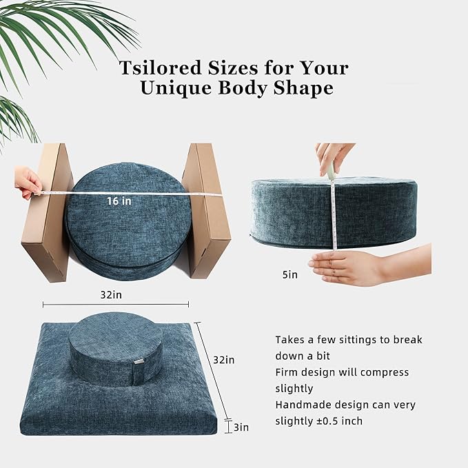 Meditation Zafu Cushion Set with Buckwheat Hulls & Memory Foam - Ergonomic Support for Yoga & Sitting - Removable Machine-Washable Luxury Velvet Cover - for Adults and Kids (Cl03-Blue)
