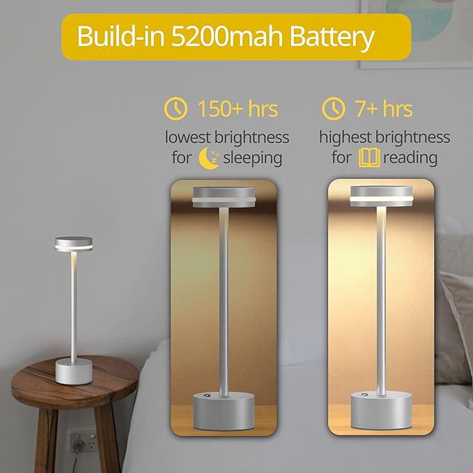 Cordless Table Lamp, Portable Rechargeable Bedside Lamp, Touch Stepless Dimmable Desk Lamp, for Home Bedroom Hotel Restaurant Bar Outdoor, 2 Set, Silver - Bloomnest