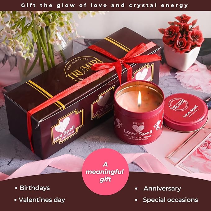Love Spell - Scented Candles for Women & Men with Rose Petals and Crystals - Pack of 3 x 5oz Soy Clean Organic Non Toxic - Velas Aromáticas - Aromatherapy Spa Valentines Gift Candel TRUMIRI