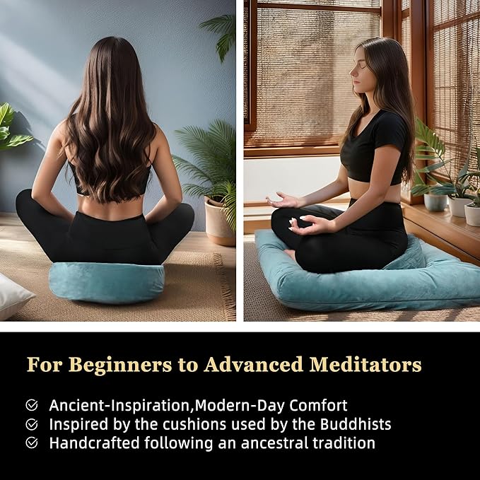 Meditation Zafu Cushion Set with Buckwheat Hulls & Memory Foam - Ergonomic Support for Yoga & Sitting - Removable Machine-Washable Luxury Velvet Cover - for Adults and Kids (Green)