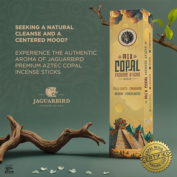 Mix Copal Aztec Incense 40 Sticks Mexico, Palo Santo, Myrrh, Cinnamon, Sandalwood for Yoga & Spiritual Cleansing - Pure Copal Resin Incense for Purifying Energy & Relaxation, JAGUARBIRD Bloomnest