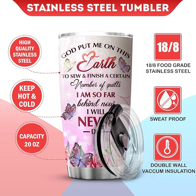 Sewing Is My Therapy Stainless Steel Tumbler 20 Oz Flower Butterfly Christmas Gifts For Quilters And Sewers Women Birthday Insulated Cup With Lid Coffee Mugs About Quilting - Bloomnest