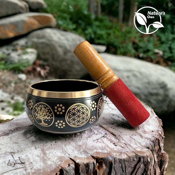 Nature's Own Tibetan Singing Bowl Set - 3.5 Inch, Black - Handcrafted in Nepal, Easy to Play - Ideal for Meditation, Yoga, Chakra Healing, Stress Relief, Spiritual Gifts for Men & Women - Bloomnest