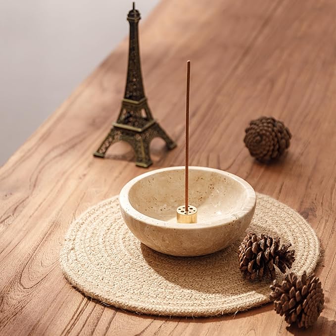 WORHE Travertine Incense Holder, Natural Marble Incense Holder for Sticks with 9 Incense Holes, Handmade Incense Stick Burner Reflux Burner Ideal for Meditation Yoga Spa Room Decor Beige (WH085) - Bloomnest