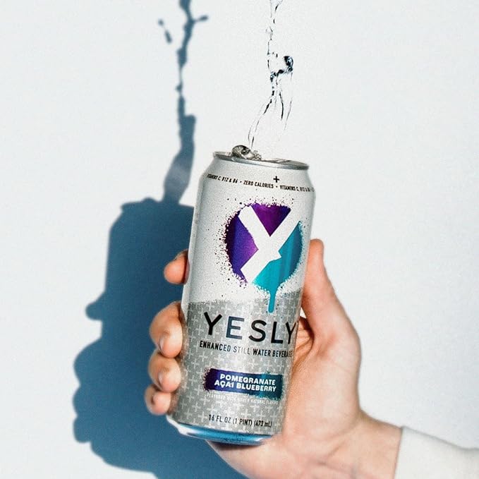 Yesly Functional Water, Pomegranate Acai Blueberry, Naturally Flavored Still Water with Electrolytes, Magnesium, Potassium, Vitamin C, B6 & B12, Zero Sugar, No Artificial Sweeteners, 16 Fl Oz Cans, 12 Pack - Bloomnest