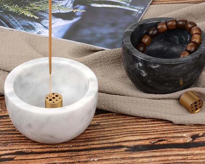 Natural Marble Incense Holder with Brass 9 Holes Incense Stick Holder, Incense Burner ash Catcher, for Meditation Incense Burning, Easily Grab Incense Ash (Black), XL-01 - Bloomnest