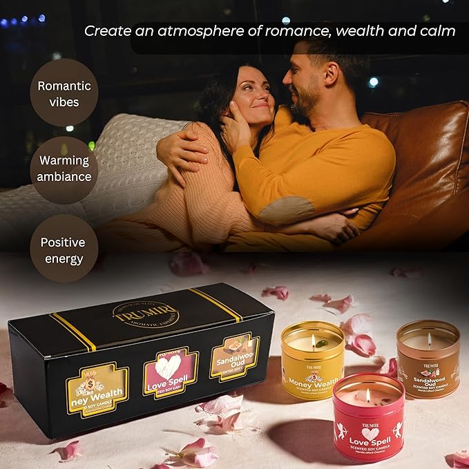 Love Spell, Money Wealth, Sandalwood Oud - Soy Candles Non Toxic - Highly Scented Long Lasting with Essential Oils - Variety Pack of 3 x 5oz - for Home Aromatherapy Meditation Gift Travel TRUMIRI