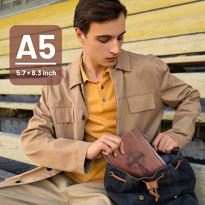 CAGIE Leather Lined Journal Notebook for Men & Women, Debossed Cross, 320 Pages 100 GSM Thick Paper, A5 Hardcover Journaling Notebooks for Writing, 5.7'' X 8.3'' Diary, Brown - Bloomnest