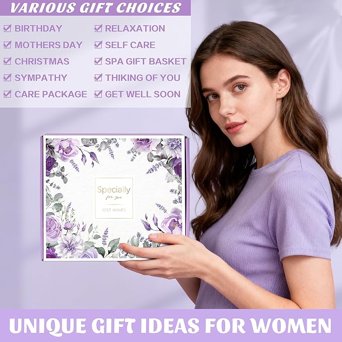 Birthday Gifts for Women Self Care Get Well Soon Gifts, Lavender Relaxing Spa Gift Basket - Care Package w/ Luxury Flannel Blanket & 40 oz Tumbler, Mother's Day Christmas Gift for Mom Her Wife Sister - Bloomnest