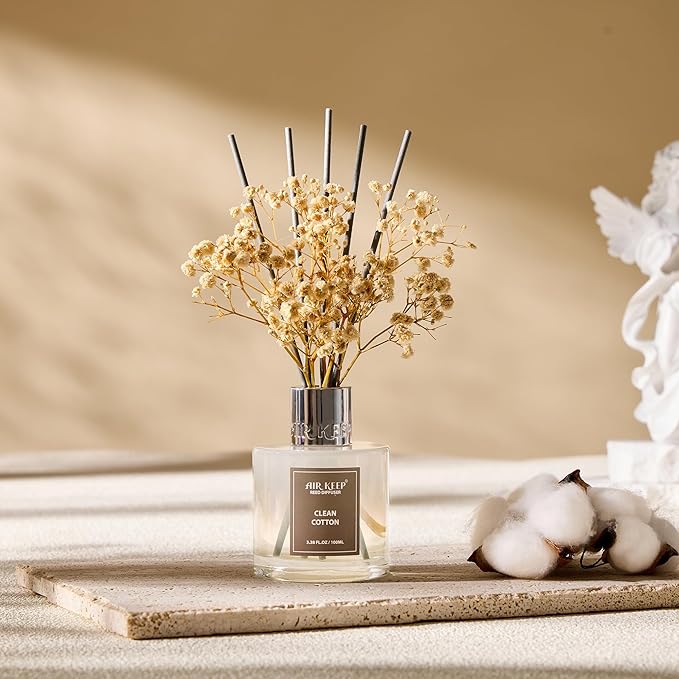 Airkeep Reed Diffuser Set,3.38 fl oz (100 ml) - Clean Cotton Oil Diffusers with 8 Reed Sticks, Home Fragrance Reed Diffuser for Bathroom Shelf Decor - Bloomnest
