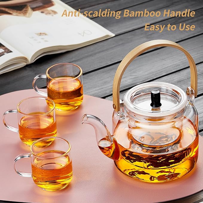 Glass Teapot Set, 37OZ/1100ML Glass Tea Kettle with 4 Double Wall Teacups, Tea Pot with Infusers for Loose Tea, Stovetop & Microwave Safe Tea Maker - Bloomnest