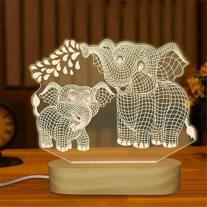 Elephant Shape 3D Crystal Acrylic Light Base with Wood Stand, LED Light for Kids Room Decor, Gift for Mom on Birthday or Holiday, Home Décor Art Display - Bloomnest