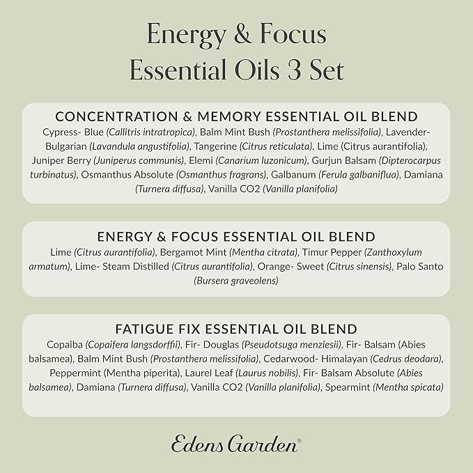 Edens Garden Energy & Focus Essential Oil 3 Set – 100% Pure Therapeutic Grade Aromatherapy Blends Kit For Concentration, Memory & Fatigue – Ideal For Diffuser, Massage, Home & Skin Care, 10 ml/ 3 Pack - Bloomnest