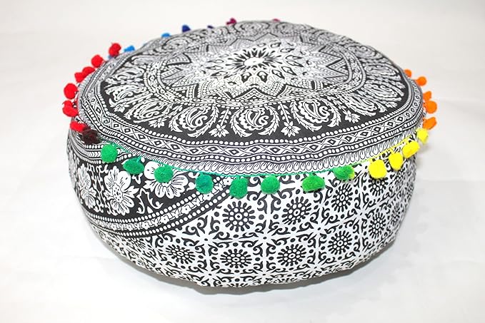 INDIAN CRAFT CASTLE ICC Black Elephant Mandala Barmeri Large Floor Pillow Cover Cushion Meditation Seating Ottoman Throw Cover Hippie Decorative Zipped Bohemian Pouf Ottoman Cases 16" Round - Bloomnest