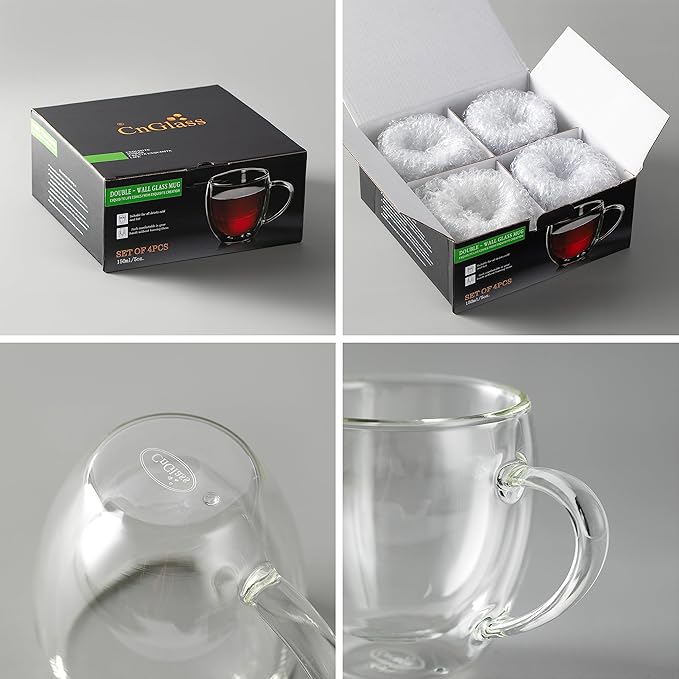 CNGLASS 5oz Espresso Mugs (Set of 4),Double Wall Insulated Glass Coffee Mugs with Handle,Espresso Shot Glasses,Clear Expresso Coffee Cups… - Bloomnest