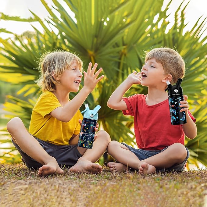 14oz Kids Insulated Water Bottle with Straw Lid - 18/8 Stainless Steel Kid Cup Travel Tumbler Double Wall Vacuum Leak Proof Portable Toddler Water Bottle (Game + Dinosaur) - Bloomnest
