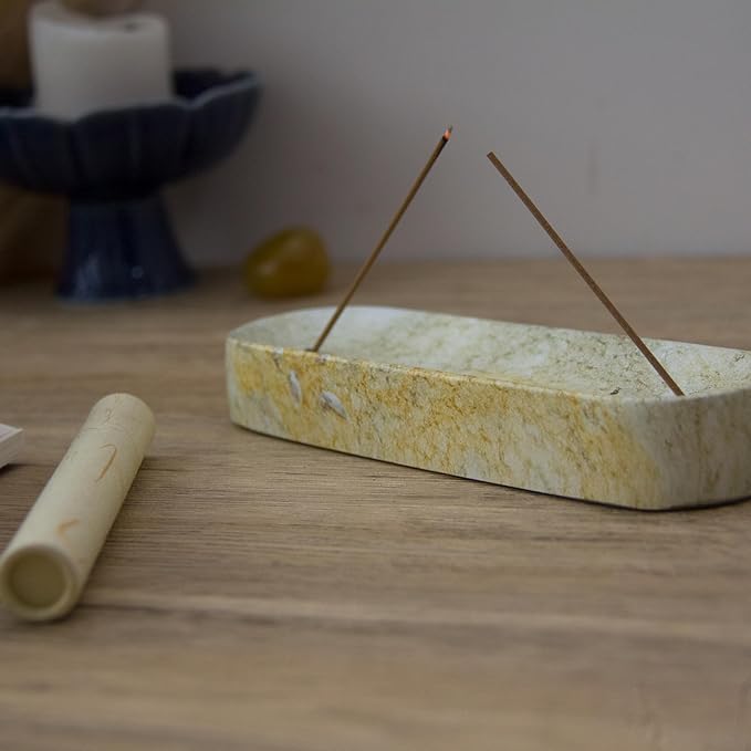 Marble-Patterned Concrete Incense Holder, with A Box of Jasmine Incense, 7.1 Inch Catches Falling Incense Ash, A Poetic and Artistic Gift for Yoga&Meditation(GreenYellow) - Bloomnest