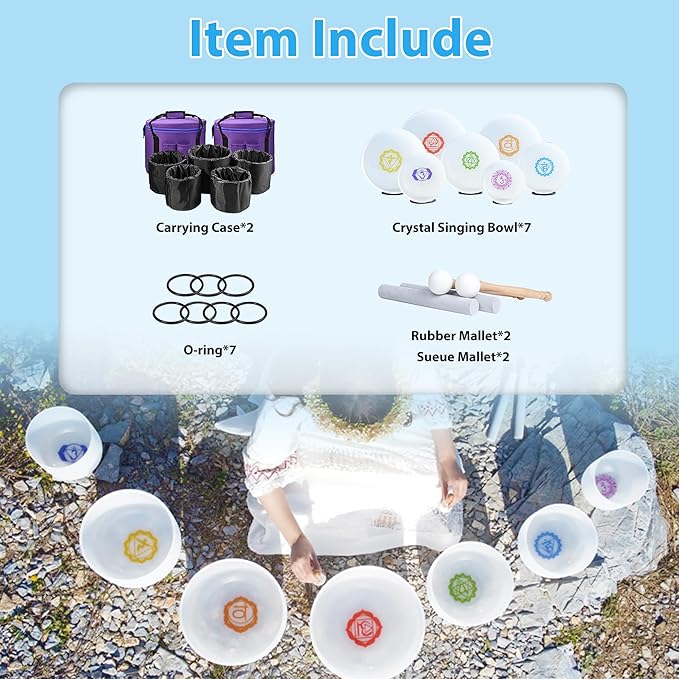 7-12Inch Set Of 7Pcs 432HZ Quartz Crystal Singing Bowls Set With Chakra Symbol Design 2Pcs With Heavy Duty Carrying Cases 2PCS Rubber Mallet 2PCS Suede Sticks For yoga Music Healing Meditation - Bloomnest