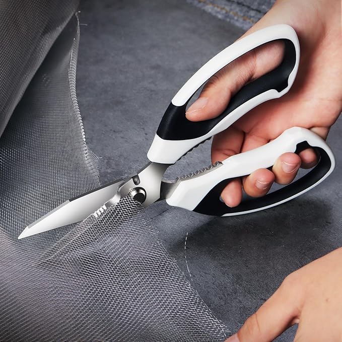 8-Inch Heavy Duty Utility Scissors All Purpose, Serrated Blade, White Comfort Grip for Cutting Carpet, Cardboard, Leather, Fabric, Multipurpose Sharp Shears for Kitchen, Garden, Office, Carft - Bloomnest