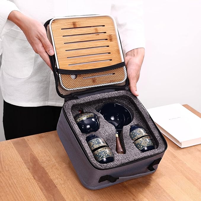 LURRIER Porcelain Chinese Gongfu Tea Set,Portable Teapot Set with 360 Rotation Tea maker and Infuser,Portable All in One Gift Bag for Travel,Home,Gifting,Outdoor and Office (Black)