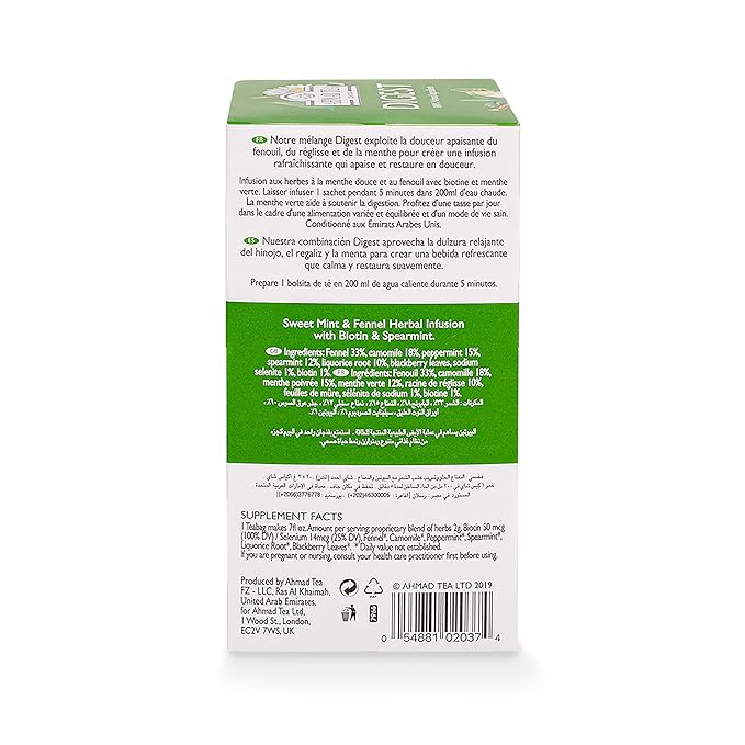 Ahmad Tea Herbal Tea, Sweet Mint, Fennel & Biotin 'Digest' Natural Benefits Teabags, 20 ct (Pack of 1) - Decaffeinated & Sugar-Free - Bloomnest