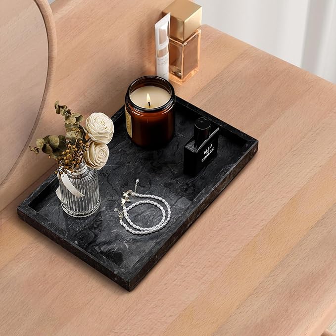 Real Natural Marble Tray for Bathroom, Vanity, Kitchen and Desktop, Rectangle Genuine Marble Stone Tray for Jewelry, Cosmetics, Candles, Lotion, Perfume and Home Decor Black