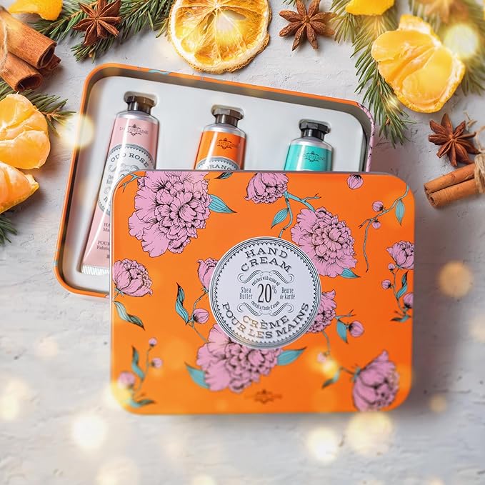 La Chatelaine Hand Cream Trio Tin, Gifts for Mom, Natural Hand Lotion Gift Set, Made in France 20% Organic Shea Butter (Gardenia, Cinnamon Orange, Passion Fruit or Orange, Oud Rose) 3 x 1 fl. oz - Bloomnest