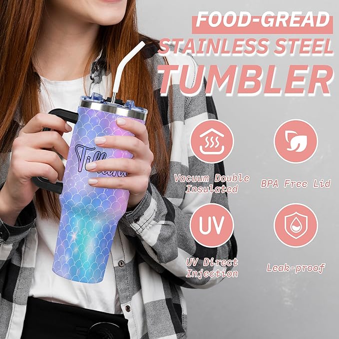 Personalized Mermaid Scales Tumbler with Names, Custom 40oz Tumblers with Handle and Straw Lid, Insulated Stainless Steel Cup, Travel Coffee Mug, Gifts for Christmas Birthday Anniversary Women Her - Bloomnest