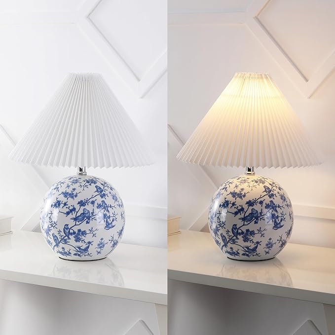 JONATHAN Y JYL5056B Shishen 19.5" Cottage Classic Chinoiserie Ceramic Orb LED Table Lamp with Pleated Shade, White/Blue for Bedroom, Living Room, Kitchen, Home Office, Kids Room - Bloomnest