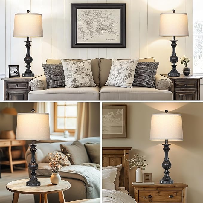 28" Farmhouse Table Lamps Set of 2, Retro Lamps for Living Room with USB C+A Ports & AC Outlet, 3 Way Touch Control Resin Bedside Lamp, Rustic Bedroom Lamp for Nightstand Side End Table Desk, Black - Bloomnest