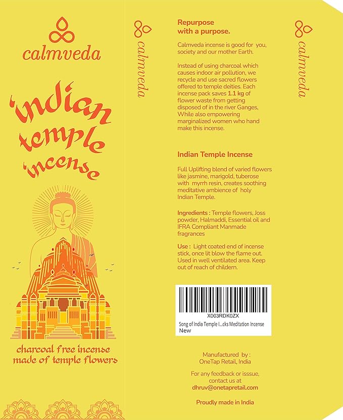 Spiritual Indian Temple Incense Sticks - 80 Charcoal Free Incense Sticks, Made from Upcycled Flowers | Inspired by Siddhivinayak Temple (Mumbai) | Spiritual Incense to add Calmness