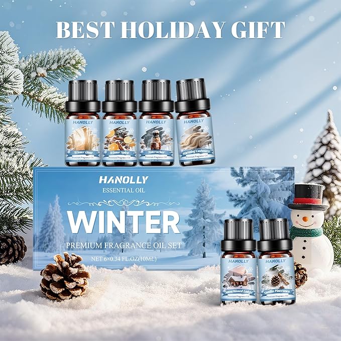 Winter Fragrance Oil Set, 6 Premium Holiday Essential Oils Set for Diffuser, Candle Making - Winter Spice, Winter Glow, Nutcracker, Warming Cashmere, Vanilla Pinecones, Snowkissed Lodge Scented Oil - Bloomnest