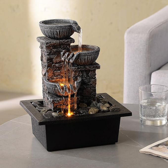 Kalona Tabletop Fountain 3 Bowls with LED Light Soothing Water Flowing Sound Fountain Zen/Meditation Home/Office Decor Home Décor Relaxation Indoor (23113) - Bloomnest