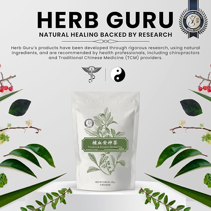 Herb Guru Vitality & Serenity Herbal Tea, natural Herbal Blend with Jujube, Goji Berry & Angelica Root, Restorative Infusion & Wellness Beverage, Includes 5 natural Tea Bags for Balanced Energy