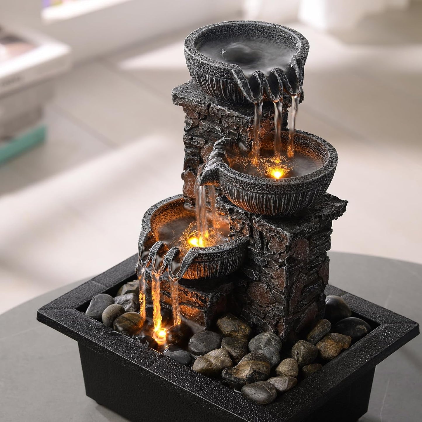 Kalona Tabletop Fountain 3 Bowls with LED Light Soothing Water Flowing Sound Fountain Zen/Meditation Home/Office Decor Home Décor Relaxation Indoor (23113)