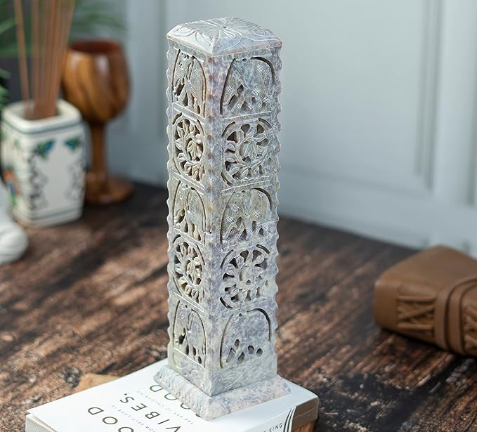 Crocon Handmade Incense Stick Holder Soapstone Incense Tower Burner | Candle Stand Tea Light Holder |Office Decor Room Fragrance Decorative Kitchen Home Spa Great Gift Set - 11X3X3 Inch