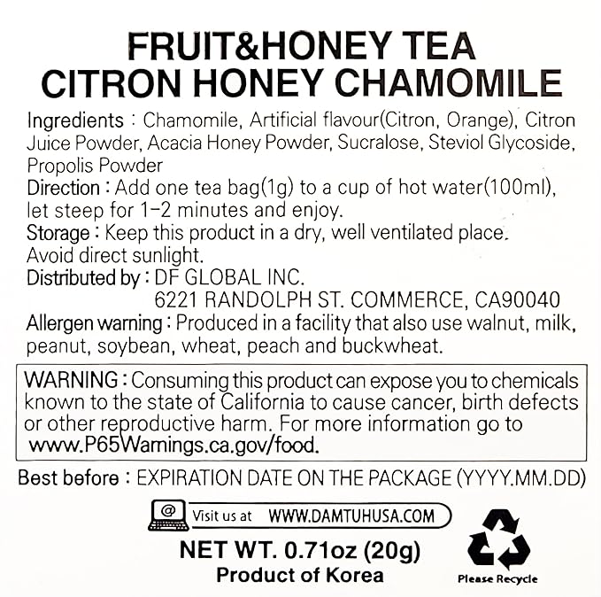 Damtuh Yuzu Honey Chamomile Tea – Citrusy & Floral Herbal Tea Blend, 20 Tea Bags (1g each) - Bloomnest