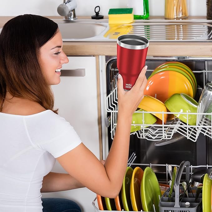 WETOWETO 30oz Insulated Tumbler With 2 Lids and 2 Straws, Stainless Steel Double Vacuum Coffee Tumbler Cup with handle, Powder Coated Travel Mug for Office, Travel(Harvest Red, 1 Pack)