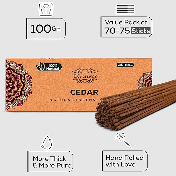 Raajsee Cedar Incense Sticks, 100%-Natural Charcoal Free Organic Non Toxic Clean Burning Handmade Insence Sticks 100 gm Pack, Meditation Gifts – Spritual Cleansing RAAJSEE